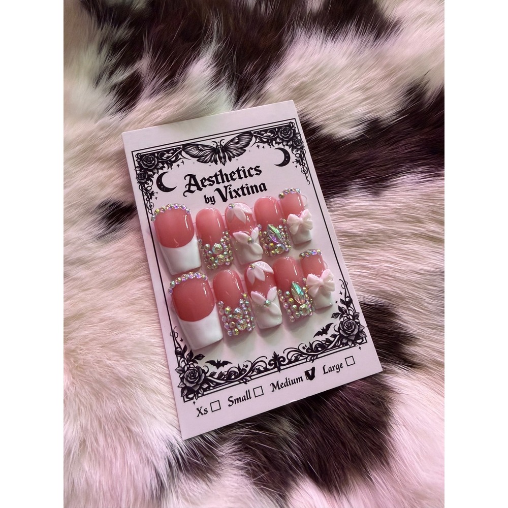 Aesthetics by Vixtina Premium Press On Nails Pink White French Bow Rhinestone Md